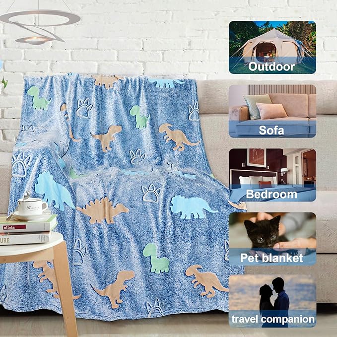 TEHALK Dinosaur Glow in the Dark Kids Throw Blanket, 60"x80", Blue
