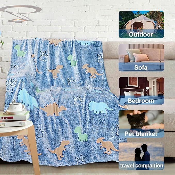 Dinosaur Glow in The Dark Blanket for Kids, Toddler Blanket for Boys, Dinosaur Gifts for Boys/Kids, Soft Fleece Blanket Throw, Birthday Gifts 40"x60"