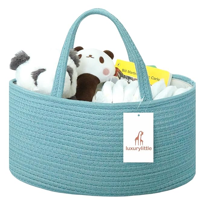 Baby Diaper Caddy Organizer, Extra Large Cotton Rope Nursery Diaper Basket, Changing Table Organizer, Portable Tote Bag with Divider, Car Storage, Baby Shower Gifts for Newborn Girls - Lake Blue