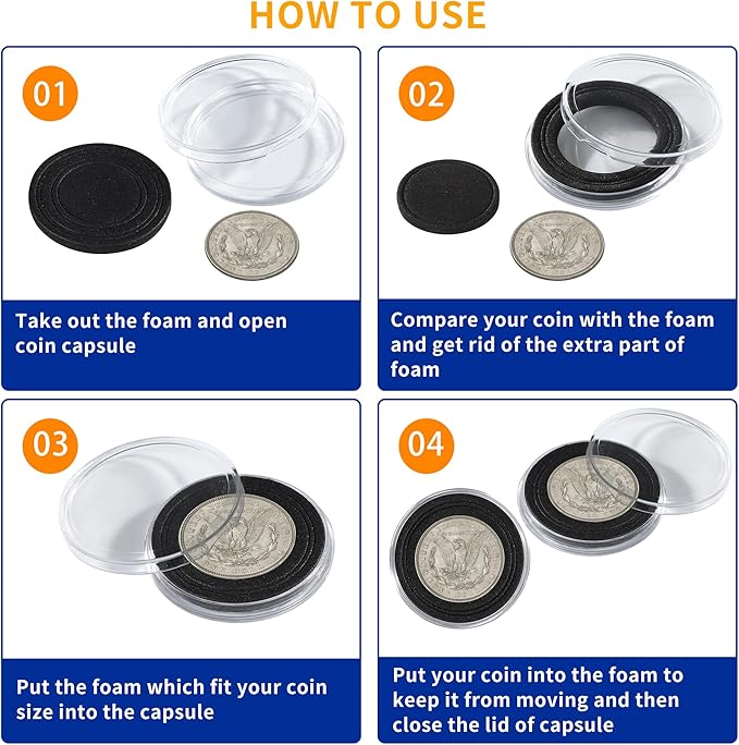 100Pcs 30mm Coin Holders with 5-Size Foam Gasket, Plastic Coin Capsules for Collectors, Clear Coin Case with Storage Organizer Box for Coin Collection Supplies, Black Gasket 17/20/25/27/30mm