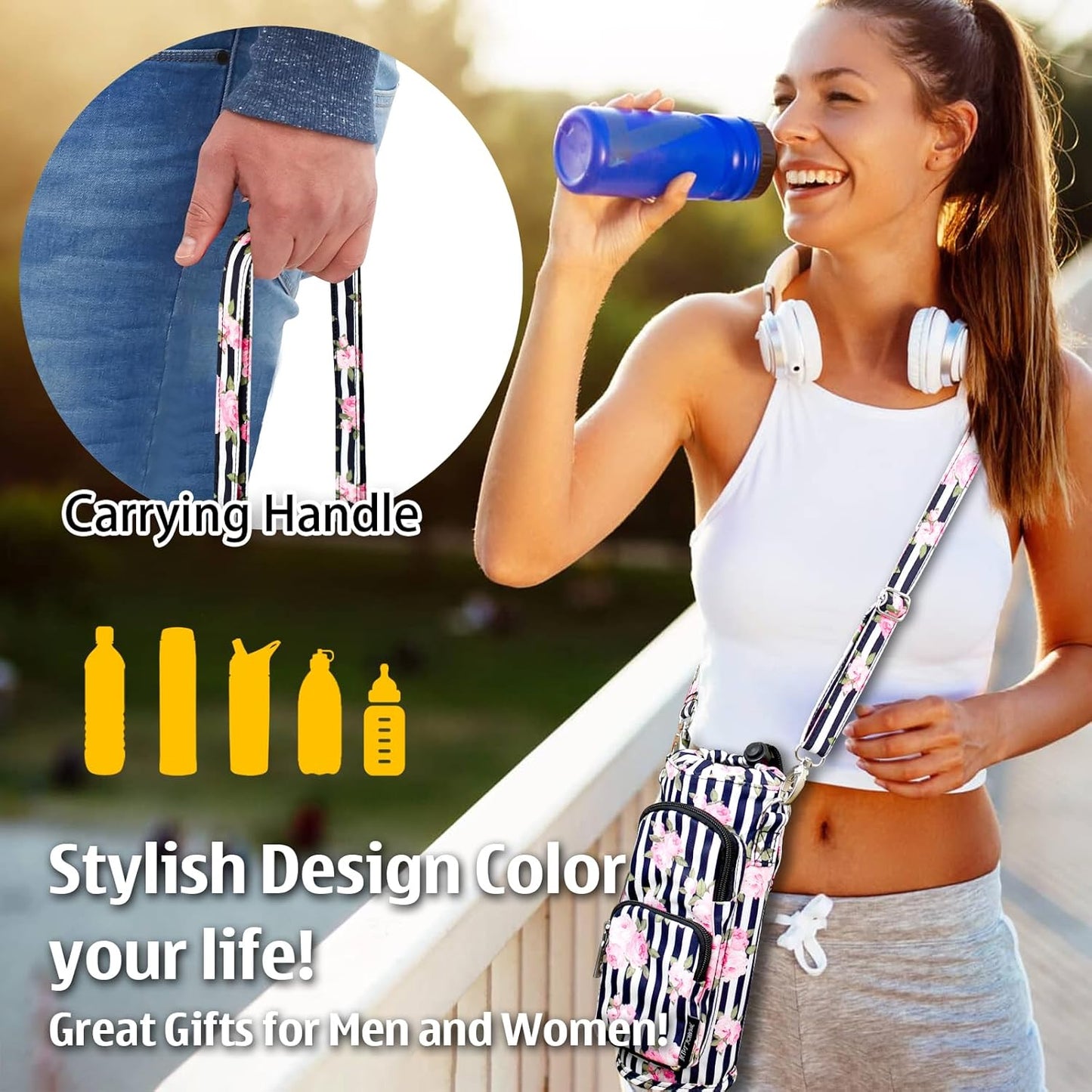 Betsey Johnson Insulated Water Bottle Pouch Holder Carrier Crossbag with Adjustable Shoulder Strap - Lightweight Polyester Accessories with Pockets Good for Hiking Sports