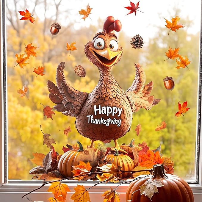1 Sheet Thanksgiving Window Clings Decor Autumn Maple Leaf Cartoon Turkey Design Double-Sided Fall Window Stickers Happy Thanksgiving clings for Glass Windows Holiday Party DIY Supplies