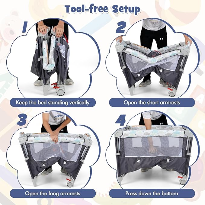 HONEY JOY Pack and Play with Bassinet, 5-in-1 Baby Bedside Sleeper w/Diaper Changing Table & Storage Bag, Toy Arch & Music Box, Detachable Side Rail, Portable Baby Play Yard w/Carry Bag(Gray)