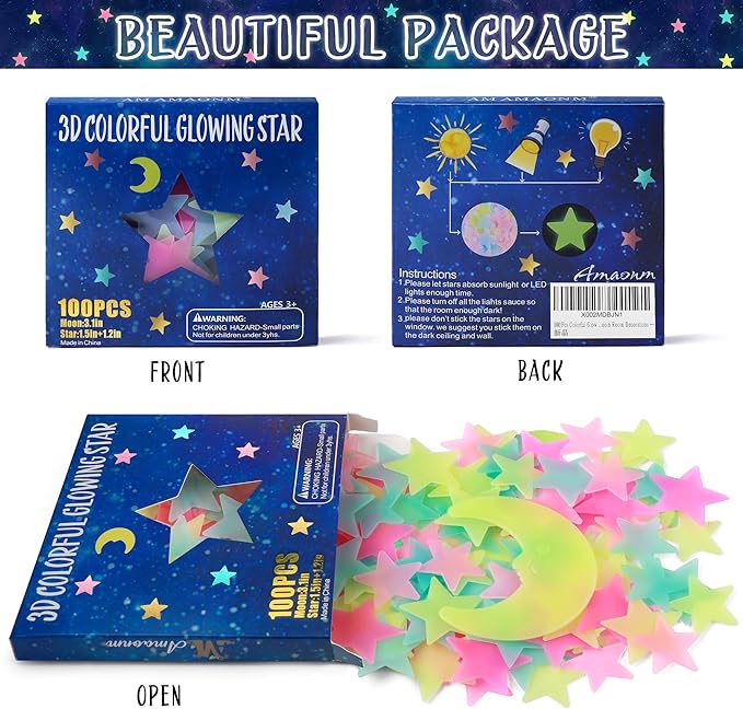 100 Pcs Colorful Glow in The Dark Luminous Stars and Moon Fluorescent Noctilucent Plastic Wall Stickers Murals Decals for Home Art Decor Ceiling Wall Decorate Kids Babys Bedroom Room Decorations