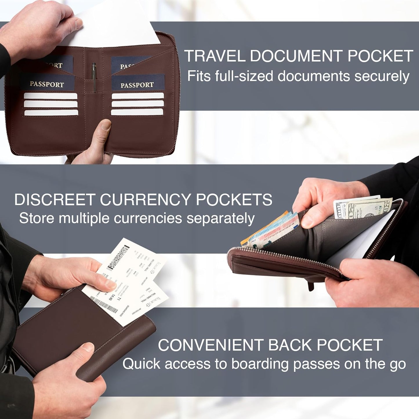 Full Grain Leather Family Passport Holder for 2-4 Passports - RFID Passport Holder and Travel Document Organizer - Large Leather Travel Wallet for Couples and Families - Brown