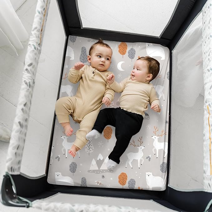 Pack n Play Sheets, BROLEX 2 Pack Mini Crib Sheets,Stretchy Portable Fitted Playard Sheet Set, Convertible Playard Mattress Cover,Ultra Soft Breathable Material,Snowy Forest
