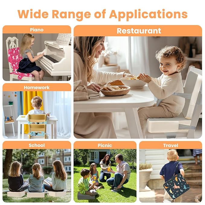 Toddler Booster Seat for Dining Table with Adjustable Straps, Kids Booster Seat for Kitchen Chair with Non-Slip Bottom, PU Anti-Scratch Portable Detachable Increasing Cushion (Dark Grey)