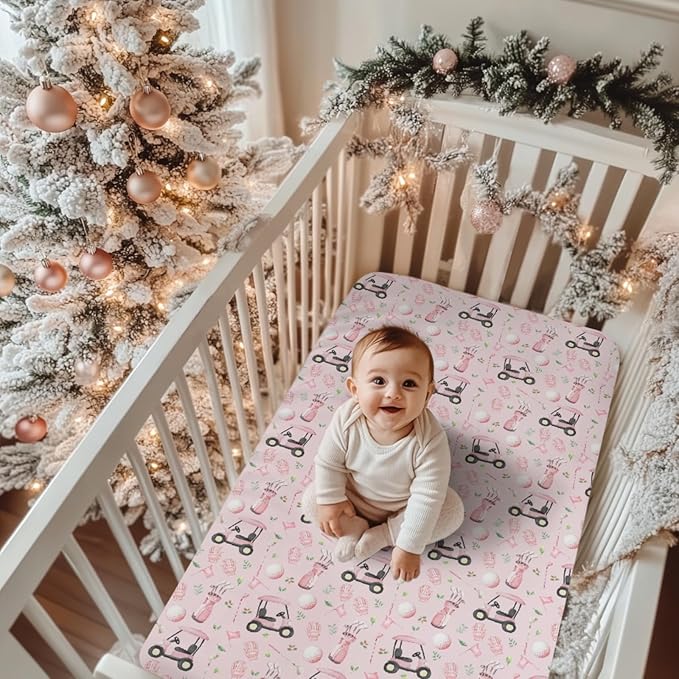 Golf Baby Crib Sheets for Boy Girl 28"x52" Sports Golfing Soft Stretchy Fitted Crib Mattress Cover Golf Lovers Gift Nursery Baby Sheet for Standard Crib and Toddler Bed Mattress Pink