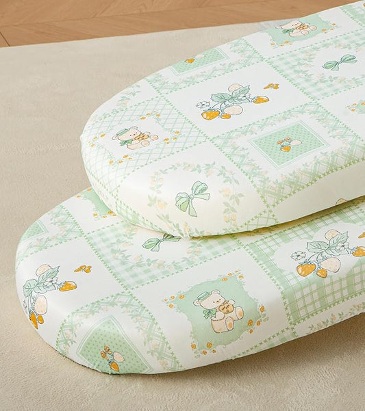 SDY Soft Bassinet Sheets Set 2 Pack for Baby Girl and Boy 32 * 16 * 4 inches,Universal Fit for Bassinets Baby Cradle Moses Basket Oval Rectangle Mattress Safe and Snug (Bear&Strawberry& Floral&Bow)