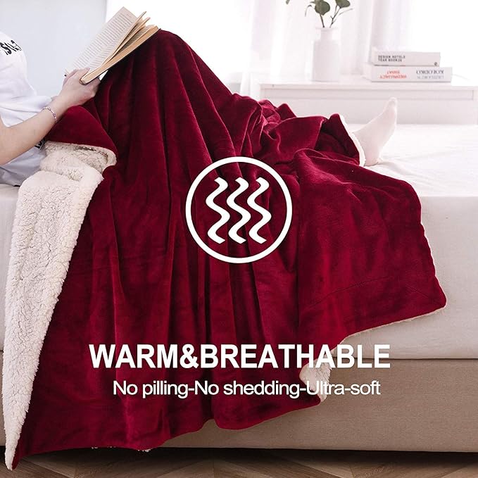 NANPIPER Sherpa Blanket Twin Thick Warm Blanket for Winter, Super Soft Fuzzy Flannel Fleece/Wool Like Reversible Velvet Plush (Wine Red, Twin Size 60"x80")