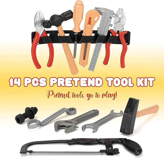 14 Pcs Kids Toy Tool Set Construction Party Supplies Plastic Pretend Play Accessory for Boys with Screwdrivers Pliers Axes Saws(Type A)