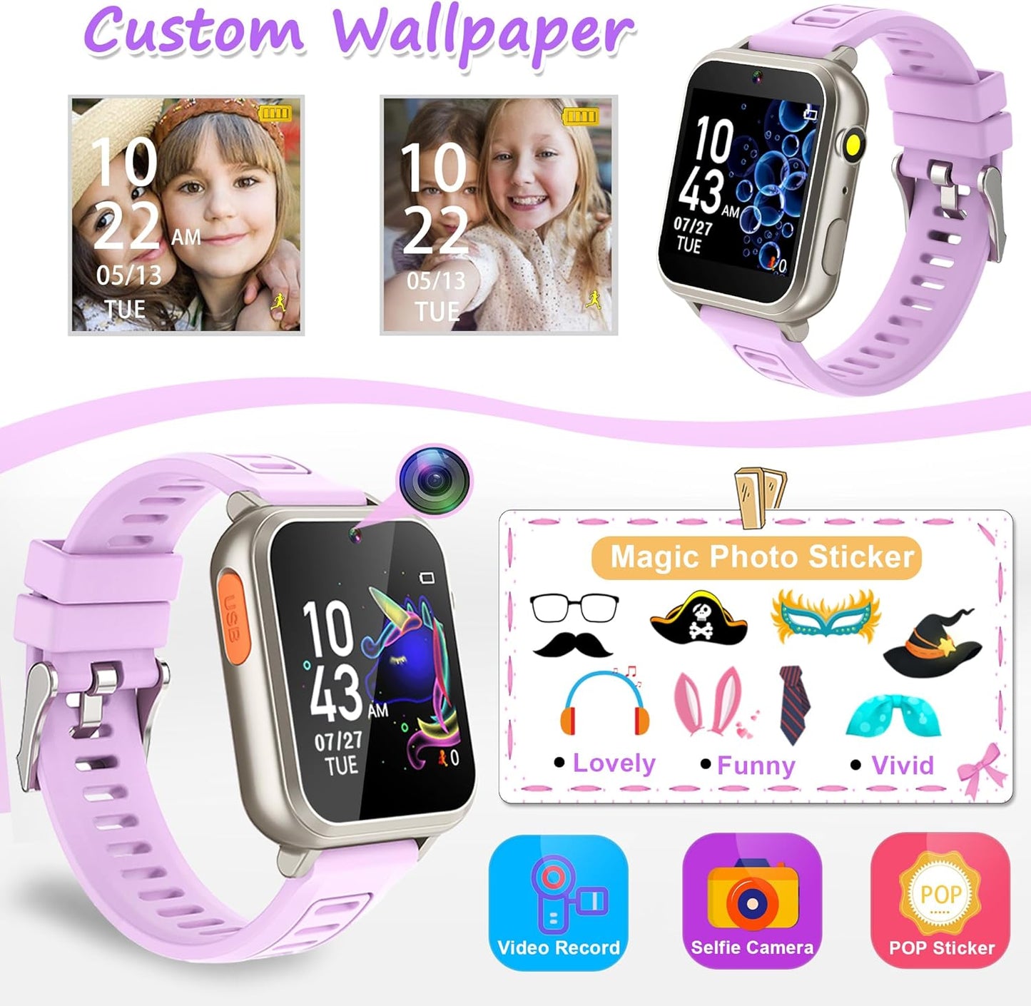 Smart Watch for Kids Ages 4-12, 24 Puzzle Games HD Touch Screen Camera Alarm Clock Birthday Gift for Girls 6-9 Years Old