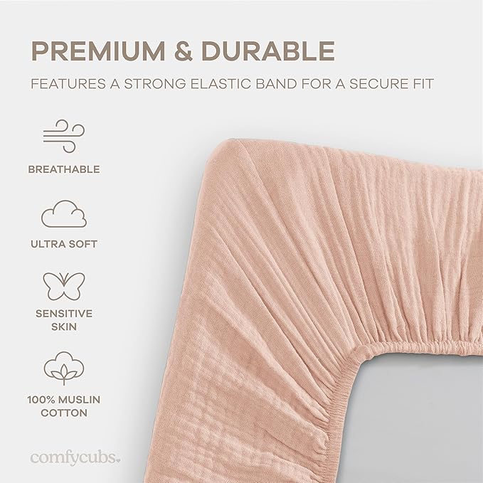 Comfy Cubs Muslin Bassinet Sheet - 100% Soft Cotton Fabric, Breathable & Gentle for Baby’s Sensitive Skin - Universal Fit with Secure Elastic Edging, Gift-Ready Packaging - Blush