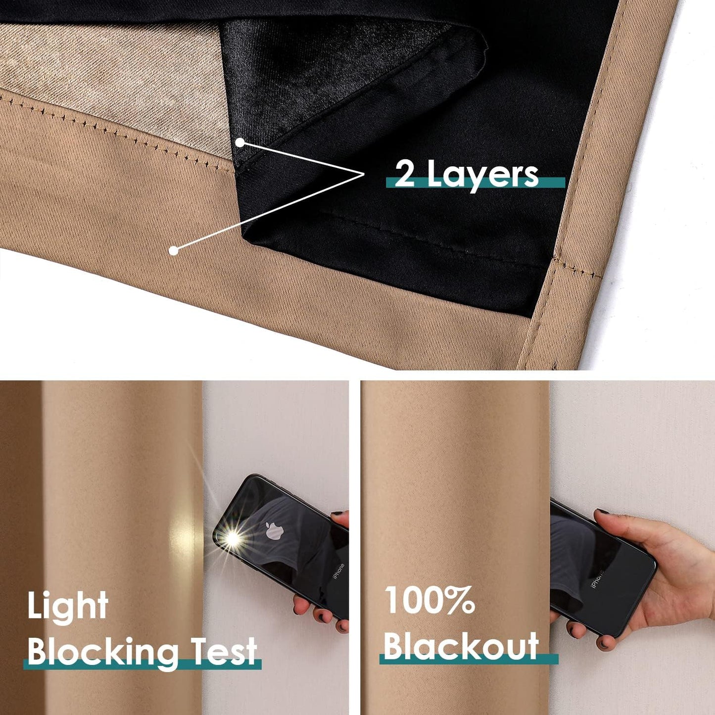 ChrisDowa 100% Blackout Curtains 80 inch Long for Bedroom with Black Liner, 2 Thick Layers Total Blackout Thermal Insulated Grommet Window Curtains 2 Panels Set (Cappuccino, 52 x 80 Inch)