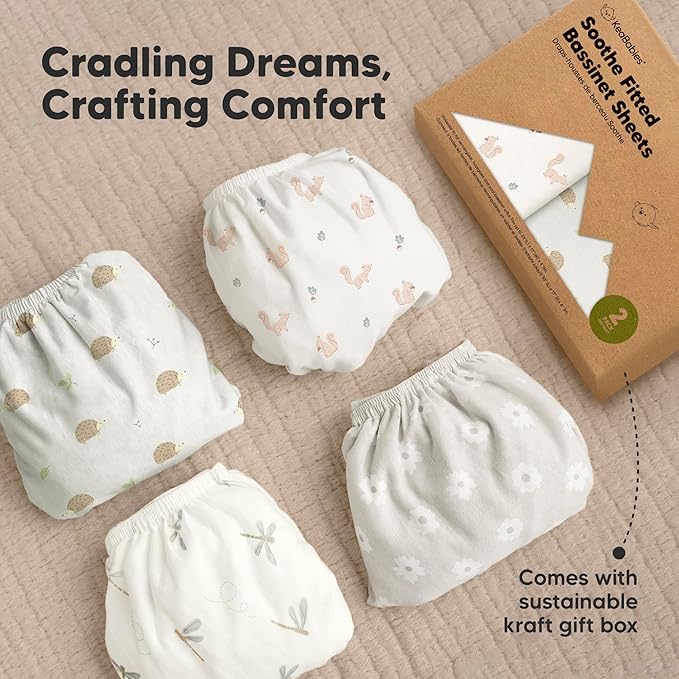 2-Pack Organic Bassinet Sheets for Girls, Boys - 100% Cotton Bassinet Mattress Sheets Compatible with Halo Bassinest Swivel Sleeper, Graco, Baby Delight, Chicco, Fitted Bassinet Sheets (Nibble/Bruce)