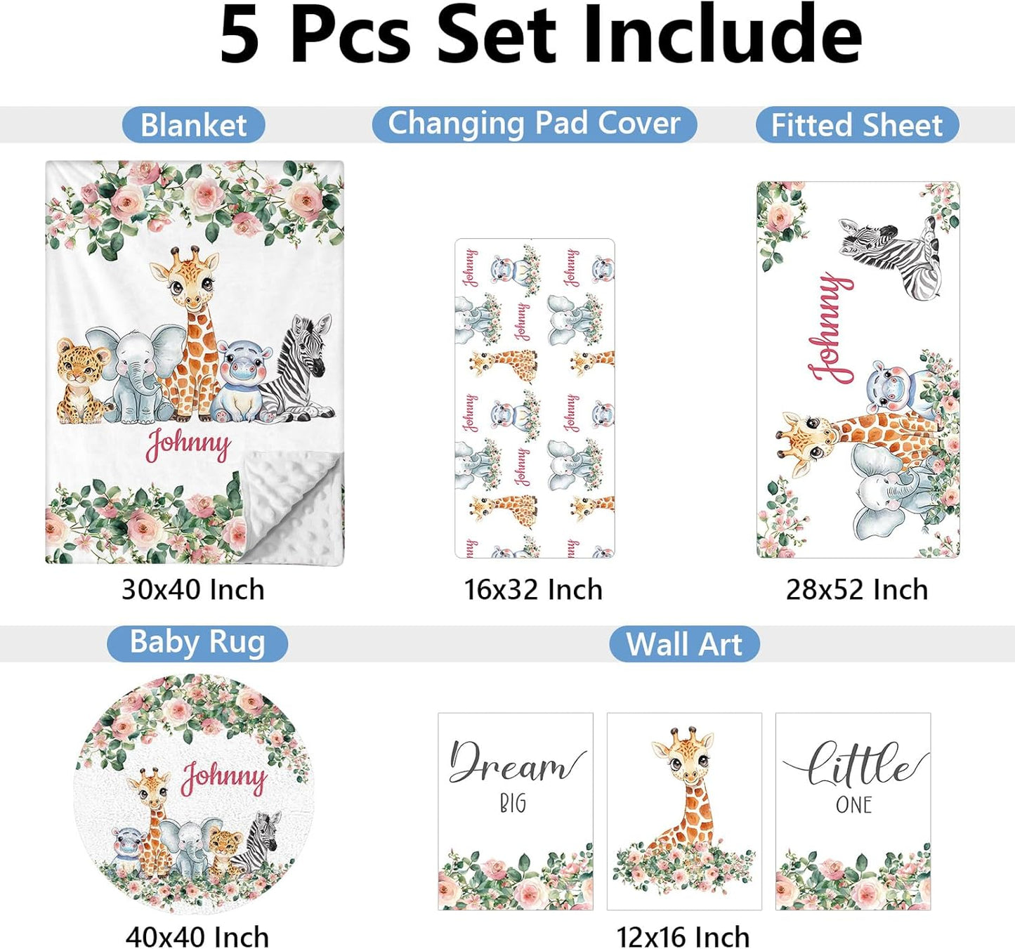 Custom 5-Piece Baby Crib Bedding Set, Personalized Name for Kid Toddler, Animal Nursery for Boy Girl, Double Layer, Customized Gift for Infant