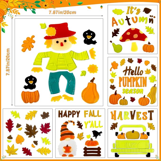 6 Sheet Fall Window Clings Gel, Happy Thanksgiving Autumn Harvest Pumpkins Truck, Fall Leaf, School Home Supplies