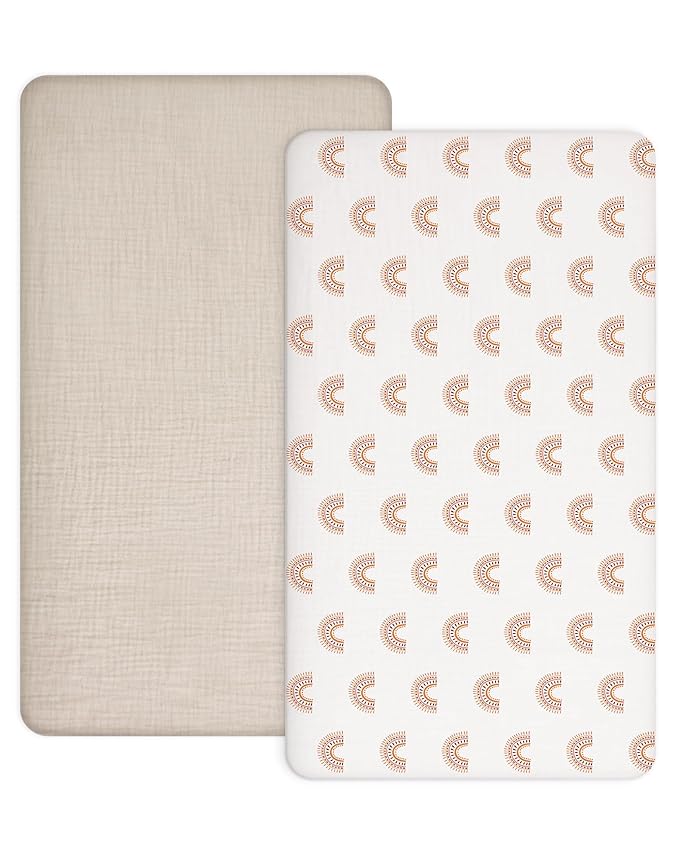 Crib Sheets for Baby Boy Girl 2 Pack, Fitted Crib Mattress Sheet 28" x 52", Muslin Toddler Bedding with Neutral Style, Nursery Bedding Essentials (Beige & Rainbow)