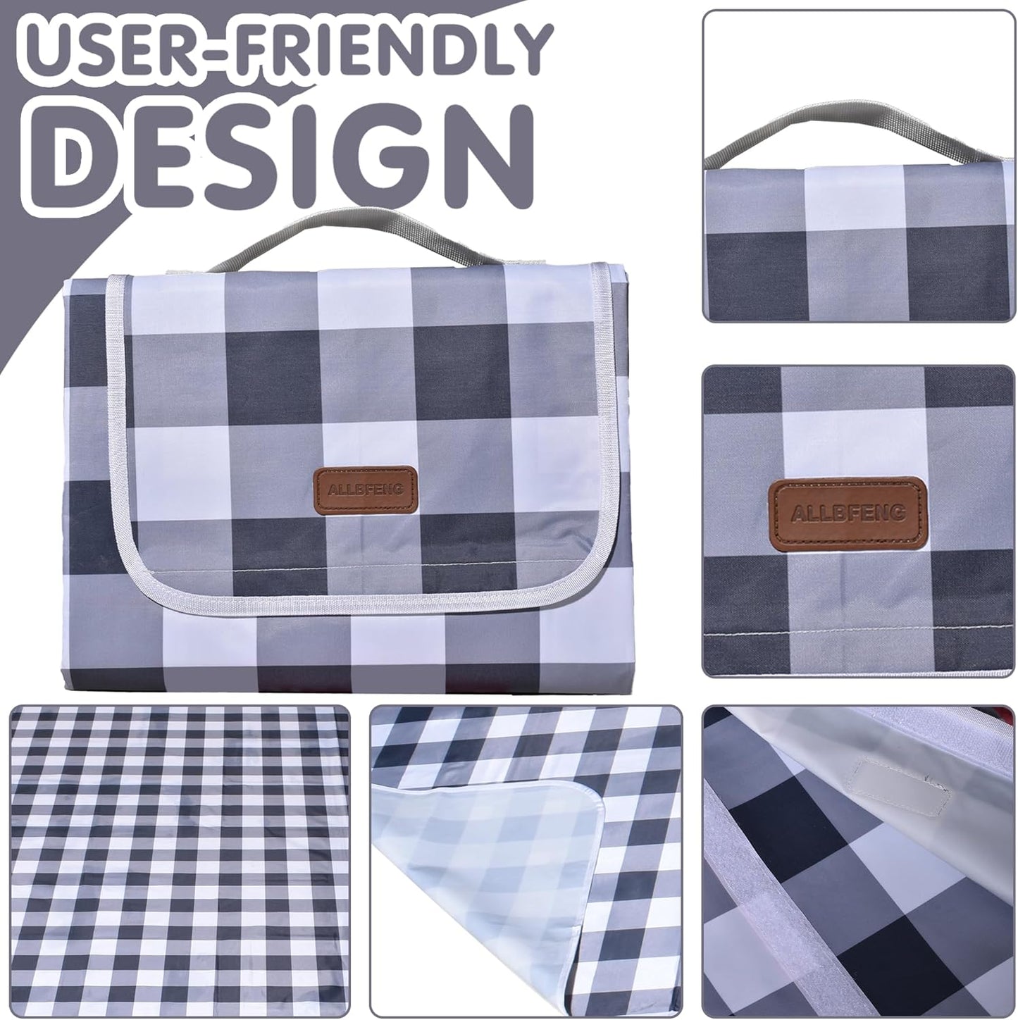 80"x80" Extra Large Waterproof Outdoor Mat - Sandproof Foldable Picnic Blanket for Family Camping, Backyard, Beach Parties - Heavy Duty & Easy Storage (Gray&White)