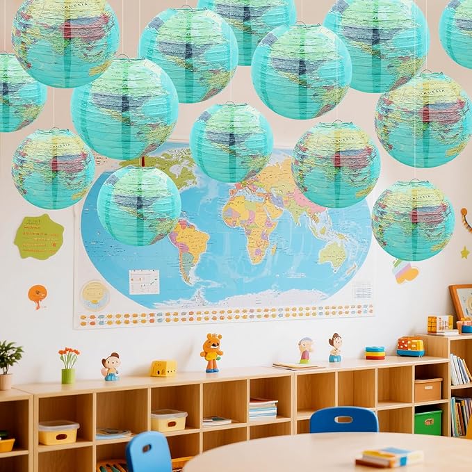 14Pcs World Map Paper Lanterns Classroom Decorations 10 in and 8 in Classroom Hanging Ceiling Decor Earth Globe Lantern Fans for Back to School Around Travel Earth Theme Party Decor Supplies