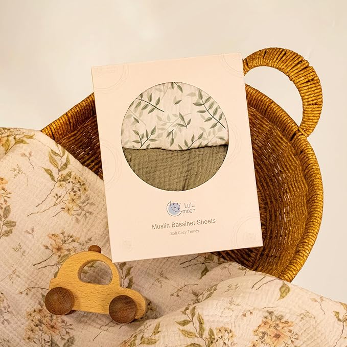 lulumoon Baby Muslin Bassinet Sheets: Skin-Friendly Leaf Bassinet Sheets for Boys - Fitted for Oval Rectangle or Hourglass Mattress