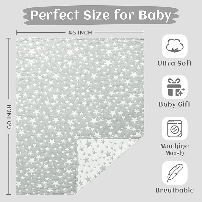 NTBAY 3 Layer Oversized Muslin Cotton Toddler Blanket, 45x60 Inches Jacquard Reversible Nursery Bed Blanket, Super Soft and Thermal Crib Blanket for All Seasons, Baby Gift, 45"x60", Grey/White Star