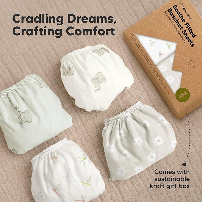 2-Pack Organic Bassinet Sheets for Girls, Boys - 100% Cotton Bassinet Mattress Sheets Compatible with Halo Bassinest Swivel Sleeper, Graco, Baby Delight, Chicco, Unisex Fitted Bassinet Sheets (Meadow)