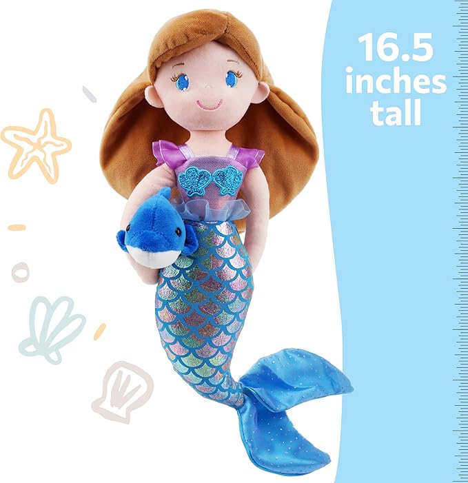 June Garden Atlantic Wonders Series - Mermaid Princess Nerida Oceanwhisper - 16" Soft Plush Stuffed Mermaid Doll Gift for Toddler Girls