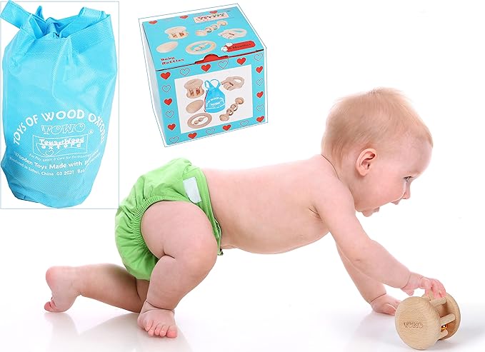 TOWO Wooden Rattles Maracas Baby Toys 6 Months-Organic Eco Toys for Infant Grasping Teething Natural Tether Musical Instrument Shaker Sensory Brain Development Newborn Birth Gift for Boys Girls