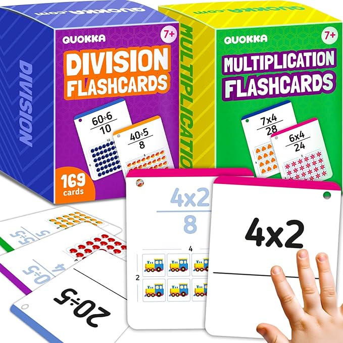 QUOKKA Multiplication and Division Flash Cards for Kids Ages 4-8 – 338 Math Flashcards for Kids 5-7 - Visual Aids | Sorting Rings | Reference Cards – Math Games 1st to 3rd Grade for Classroom & Home