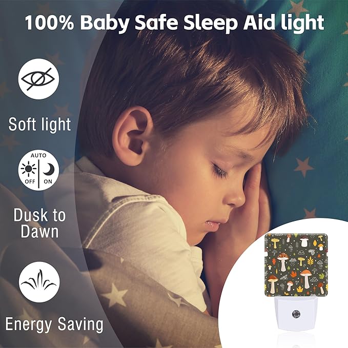 Colorful Forest Mushrooms Night Light Plug into Wall, Botanical Plants Leaves Dusk to Dawn Night Light, 0.5w Energy Saving Sleep Friendly Nightlights for Kids Boys Girls Home