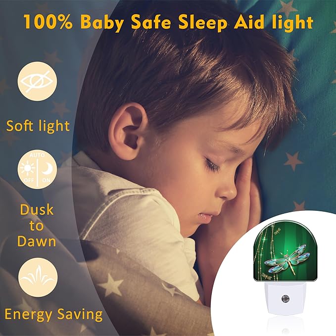 Green Jewel Dragonfly Night Light for Kids,Luxuxy Gold Dragonfly Night Light Plug in with Dusk to Dawn Sensor,0.5w Energy Saving Sleep Friendly Nightlight for Hallway Stairway Kitchen Bedroom