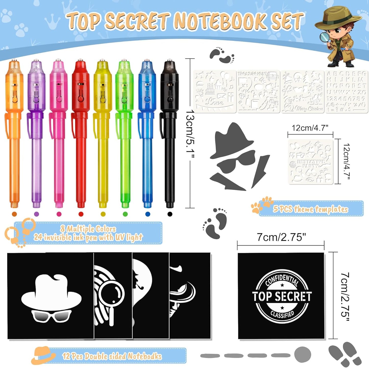 Invisible Ink Pen 24Pcs+ Notebooks, Spy Pens with UV Light, Magic Marker, Classroom Prize, Birthday Party Favors for Kids 8-12, Kids Stocking Stuffers