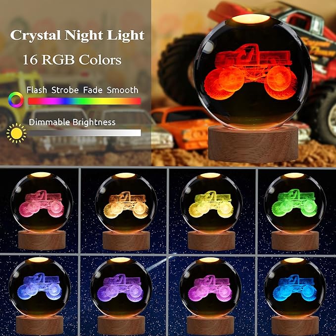 Monster Truck Night Light, Monster Truck Gifts, 3D Crystal Ball Night Light with Remote Upgraded 3.15 Inch Lamps with 16 Color for Birthday Xmas Cool Figurines Gifts for Room Decor Boys Girls