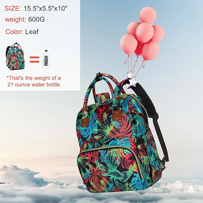 Diaper Bag Backpack Multi-Function Baby Bag With Large Capacity and Insulated Pockets Diaper Backpack Organizer Bag for Mom/Dad, Leaf