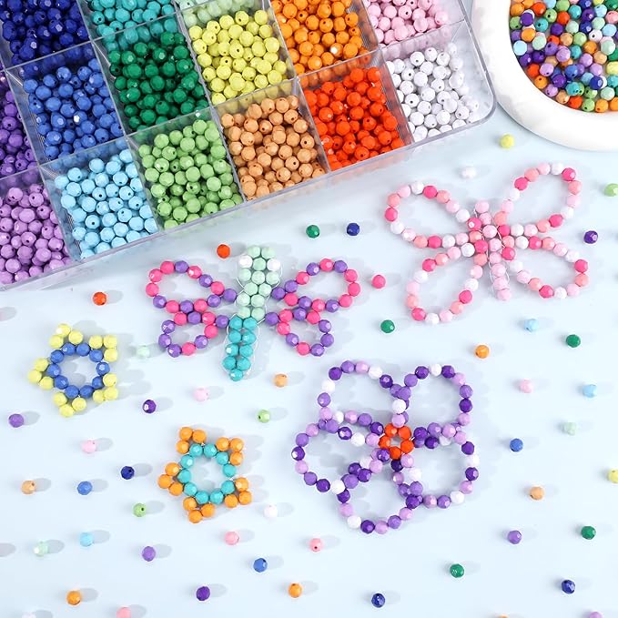 2600+pcs Faceted Beads Kit 18 Color Rainbow Opaque Plastic Beads Multicolor Loose Spacer Pony Beads Bulk Elastic String for Bracelets Necklaces Key Chains DIY Craft Jewelry Making