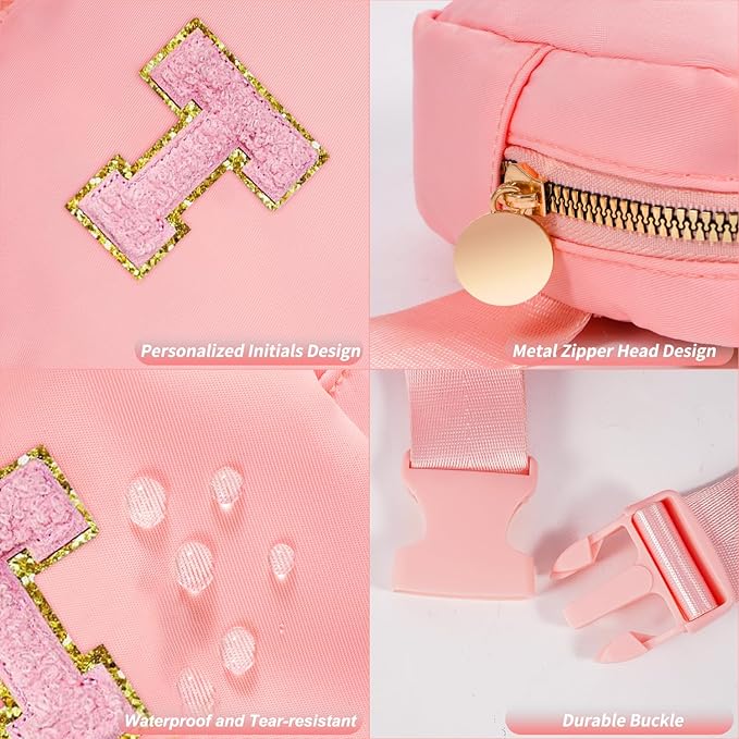 Mini Belt Bag Fanny Pack with Initials Letter Patch Small Crossbody Bags Cute Stuff Birthday Gifts for Teenager Girls Trendy Stuff for Teens - Initial T,Peach
