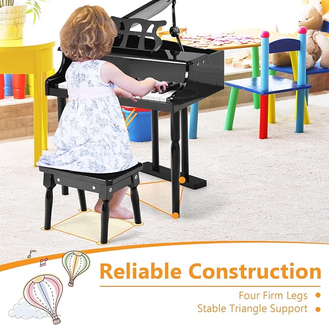 HONEY JOY Classical Kids Piano, 30-Key Mini Grand Piano with Music Stand and Bench, Wooden Musical Instrument Toy w/Lid & Music Rack, Gift for Boys Girls Ages 3+ (3 Straight Leg-Black)