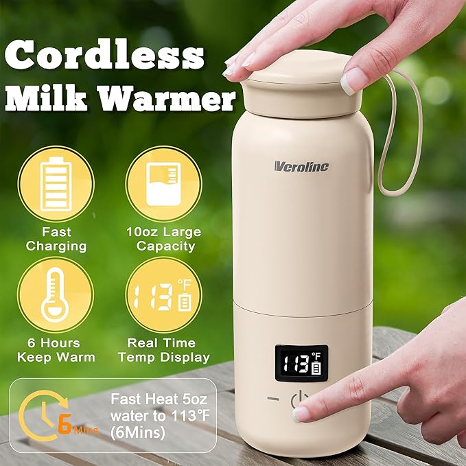 Portable Bottle Warmer for Travel, Baby Bottle Warmer with Adjustable Temp & Keep Warm for Formula, Breastmilk, Super Fast Charging & Rechargeable Milk Warmer, Cordless Water Warmer