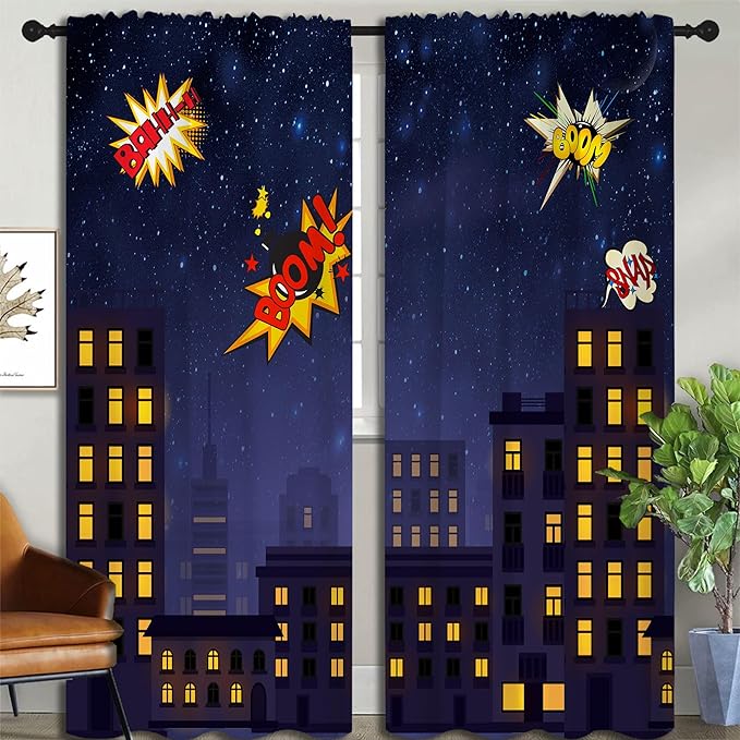 Super Hero Rod Pocket Blackout Curtains for Boy Girl Bedroom, Exploding City Starry Cartoon Skyline Home Energy Efficient Light Filtering Window Curtain for Living Room, 84x84 inch