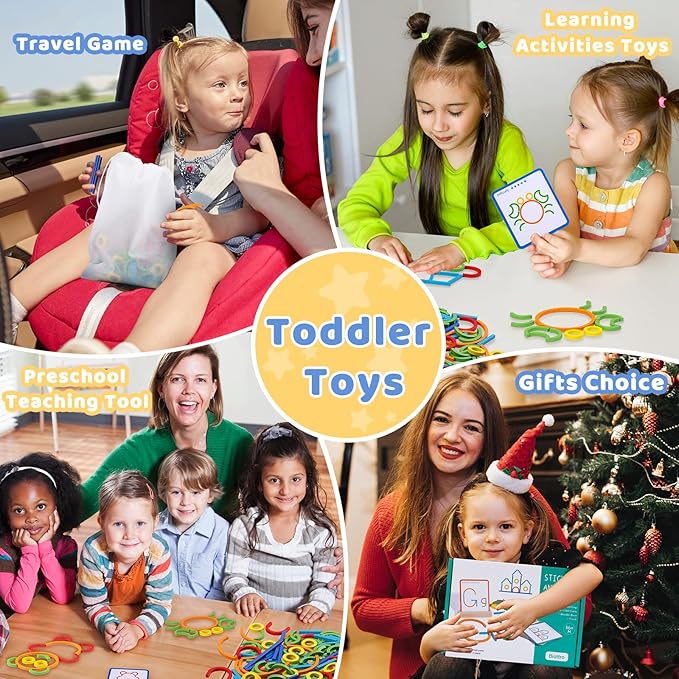 142pcs Wooden Pattern Blocks Shape Puzzles Sticks & Rings Wooden Tangram Puzzle Stem Preschool Brain Teaser Montessori Toys Gift for 3 4 5 Years Old Activity Kids Boy Girl