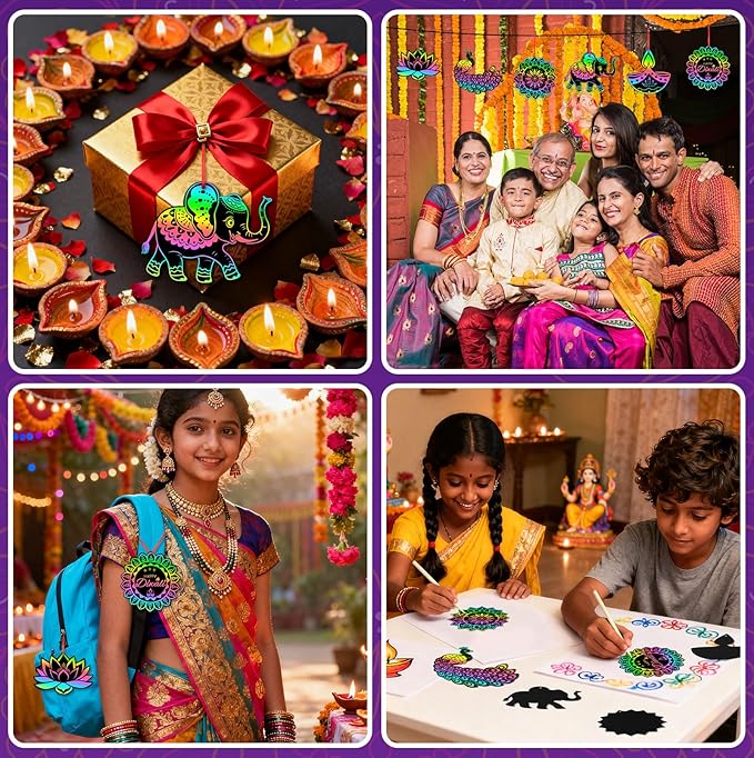 JULMELON 36 PCS Diwali Crafts, Rainbow Scratch Art DIY Scratch Paper Cards Magic Color Diwali Gifts Arts and Craft Kits Bulk Happy Diwali Party Favors School Activities Games