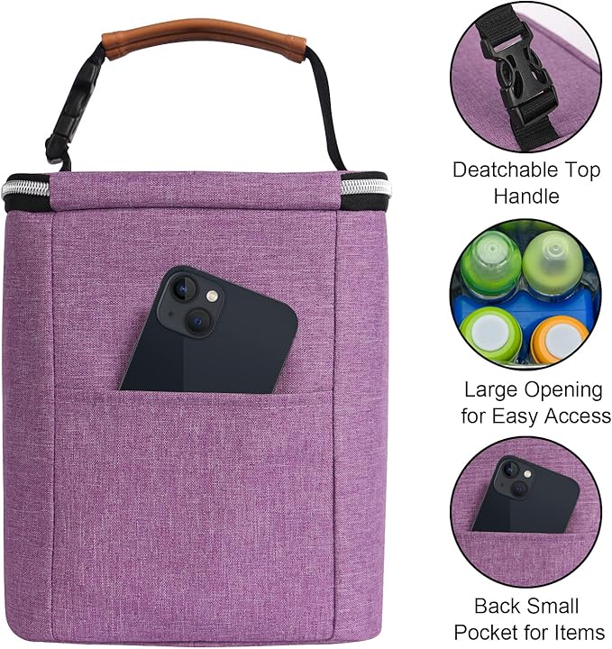 Breast Milk Cooler Bag with Ice Pack Fits 4 Baby Bottles Up to 9 Ounce, Baby Bottle Bag Great for Nursing Mom Daycare, Purple