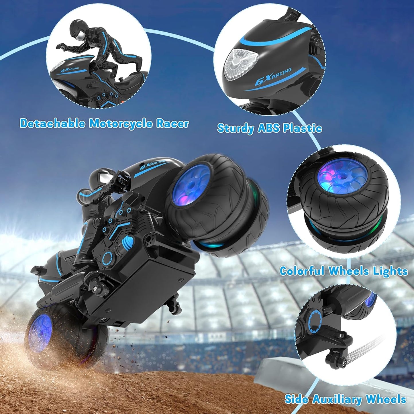Eulogia Remote Control Motorcycle Toys New Upgraded RGB Wheels Lights, RC Motorbike with 2-in-1 Remote, Gesture Sensing Stunts Dirt Bike, 360° Rotating High Speed Motocross Car for Boys Girls Gift