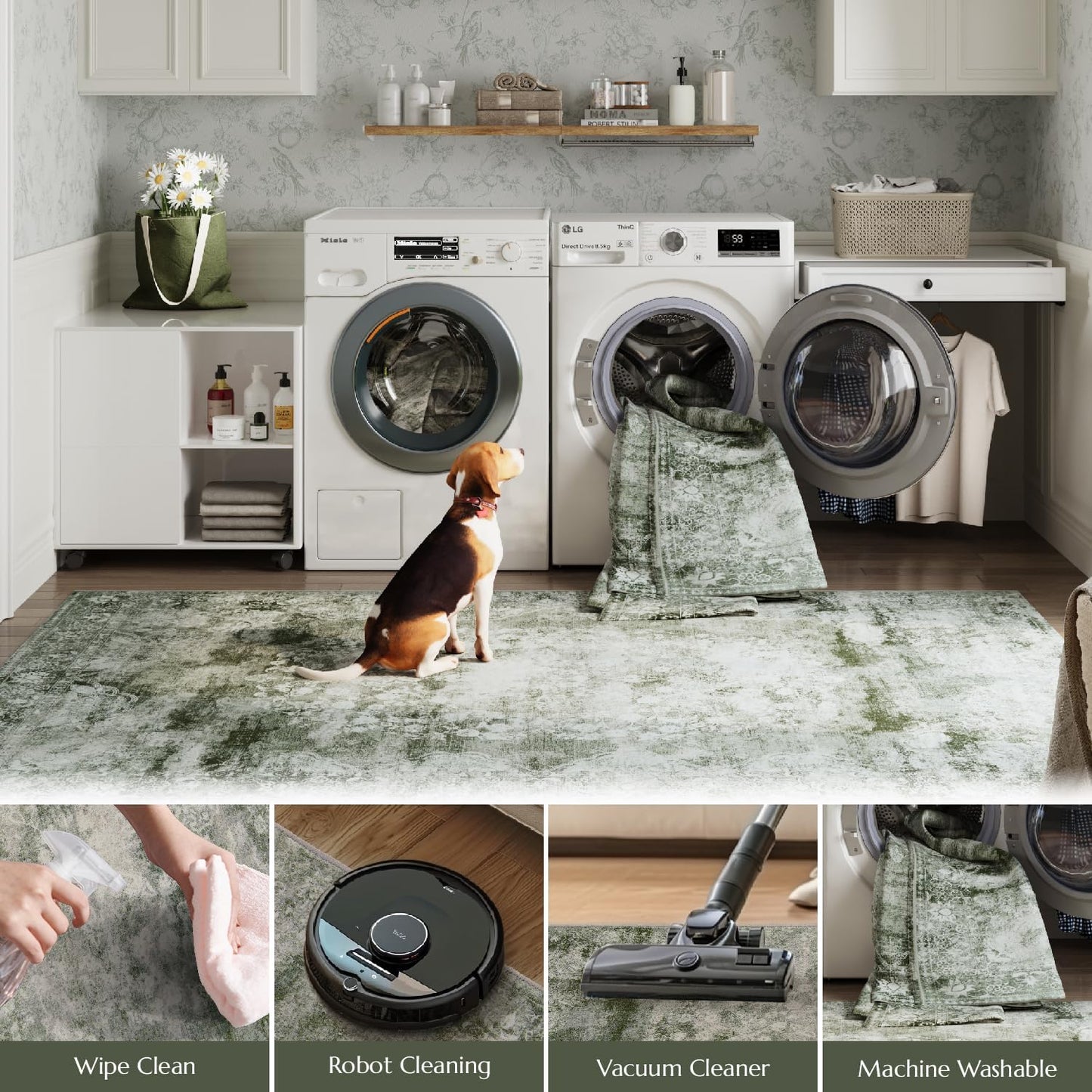 jinchan Green Runner Rug 2x6 - Vintage Floral Machine Washable Distressed Design Non-Slip Low-Pile Soft Thin Carpet for Hallway Kitchen Farmhouse Bedroom Entryway Laundry Room (2x6ft,Forest Green)