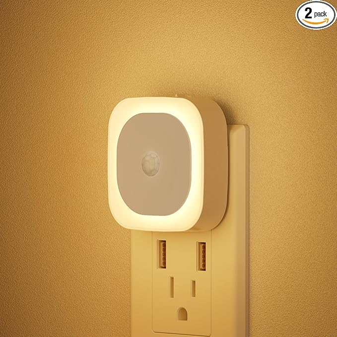 2 Pack Plug in Night Light with Motion Sensor & Dusk to Dawn Sensor, 3 Sensor Modes, Dimmable Night Lights Plug into Wall, Warm White Nightlight for Kids, Bathroom, Bedroom, Kitchen, Indoor
