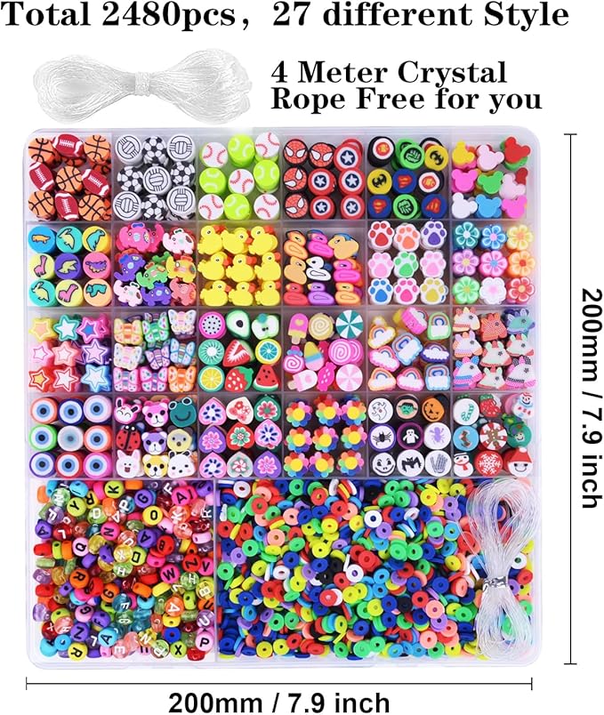 2480pcs Polymer Clay Beads Charms for Bracelets Making Kit Cute Fun Charms Beads Friendship Bracelet Making DIY Arts Crafts Birthday Gifts Toys for Kids Girls Age 6-13