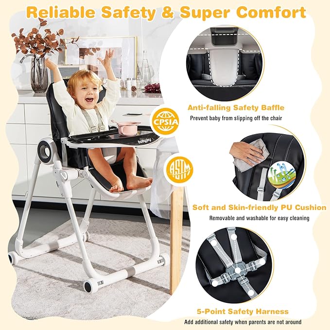 BABY JOY High Chair for Babies & Toddlers, Foldable Highchair with Adjustable Backrest/Footrest/Seat Height, Double Removable Trays, Detachable Seat Cushion, 4 Lockable Wheels (Black)