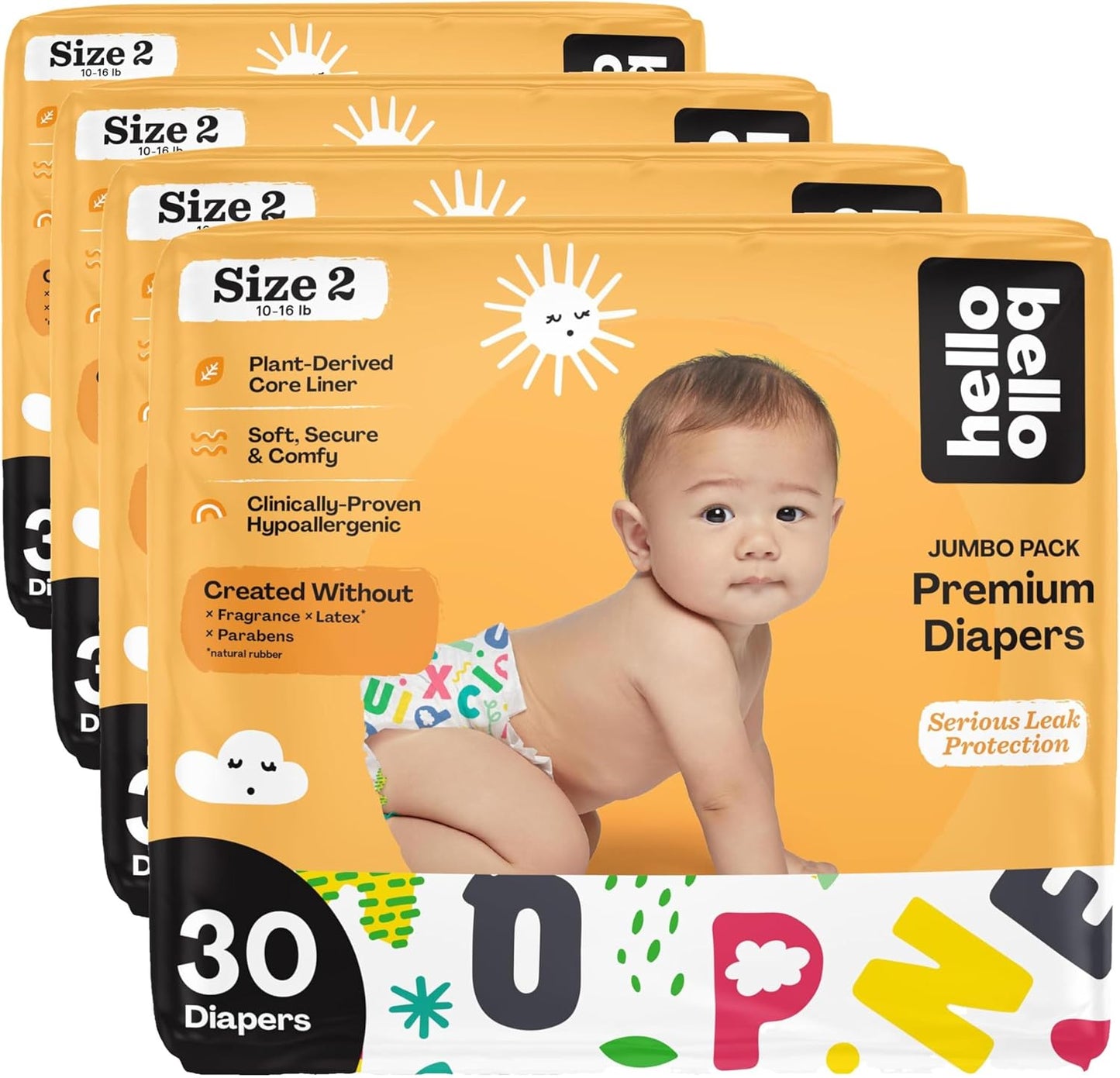 Hello Bello Diapers Size 2 | Extra-Absorbent | Hypoallergenic | Alphabet Soup | 120 Count, Pack of 4