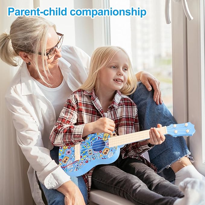 LeeQee 21in Colorful Graffiti Ukulele Guitar for Kids, 4 Strings Kids Guitar Ukulele Musical Instruments Learning Educational Toys with Picks for 3 4 5 6 7 8 9 10 11 12 Toddler Boys Girls (Blue)